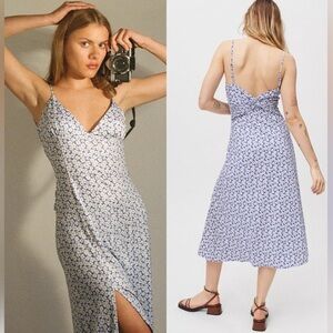 UBRAN OUTFITTERS Ashley Blue Floral Midi Dress Sz S Jersey Knit Slipdress Slit